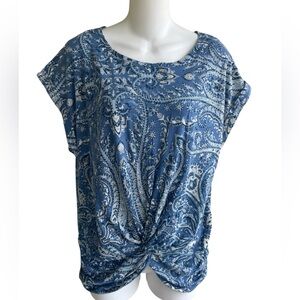 Lucky Brand Blue Paisley Floral Top Tee Front Knot Short Sleeve Ladies Small NWT